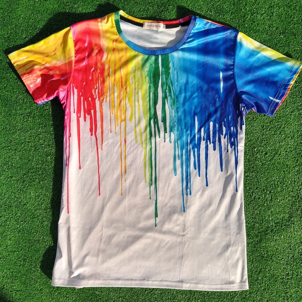 Multicolored Short Sleeve Pride Rainbow Paint Drip Color Crew Shiny Shirt New